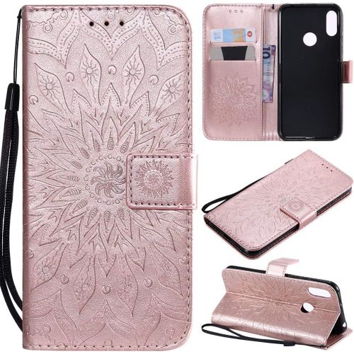 Étui Pour Huawei Y6 Pro 2019/Huawei Y6 2019/Honor 8a 6 09 Pouces Pu Magnétique Pochette Cuir Housse Tournesol Gaufrage Design Stent Fonction Rabattable Or Rose