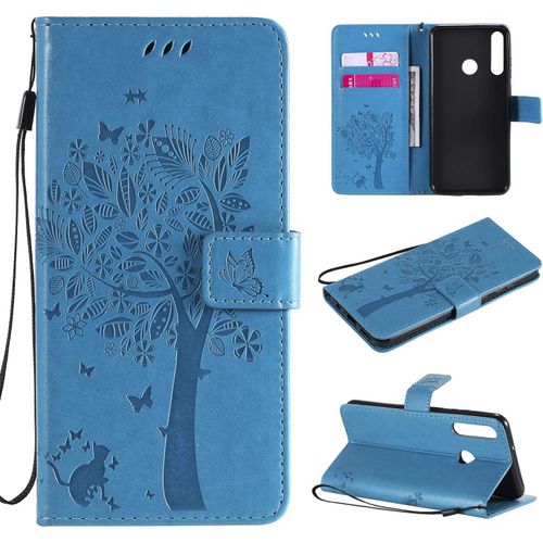 Étui Pour Huawei Y6p 6 3 Pouces Pu Cuir Couverture Magnétique Housse Motif De Chat Et D'arbre Stent Fonction Coque Flip Bleu