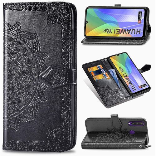 Étui Pour Huawei Y6p 6 3 Pouces Pu Magnétique Pochette Cuir Housse Charmant Mandala Gaufrage Design Stent Fonction Rabattable Noir