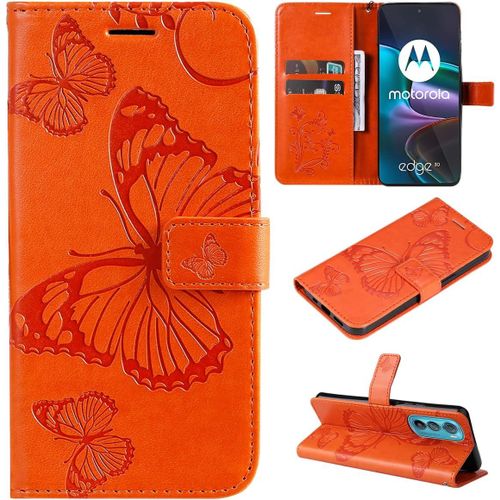 Étui Pour Motorola Edge 30 6 5 Pouces Pu Cuir Couverture Magnétique Housse Conception En Relief De Papillon Stent Fonction Flip Cuir Orange
