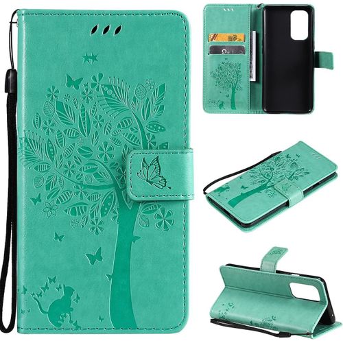 Étui Pour Oneplus 9 6,55 Pouces Pu Cuir Couverture Magnétique Housse Motif De Chat Et D'arbre Stent Fonction Coque Flip Vert