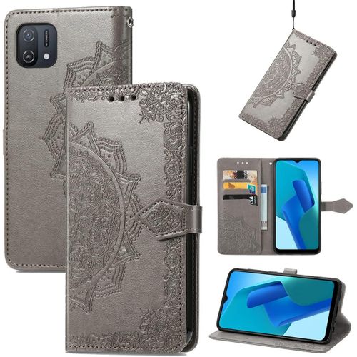 Étui Pour Oppo A16k 6 52 Pouces Pu Magnétique Pochette Cuir Housse Charmant Mandala Gaufrage Design Stent Fonction Rabattable Gris