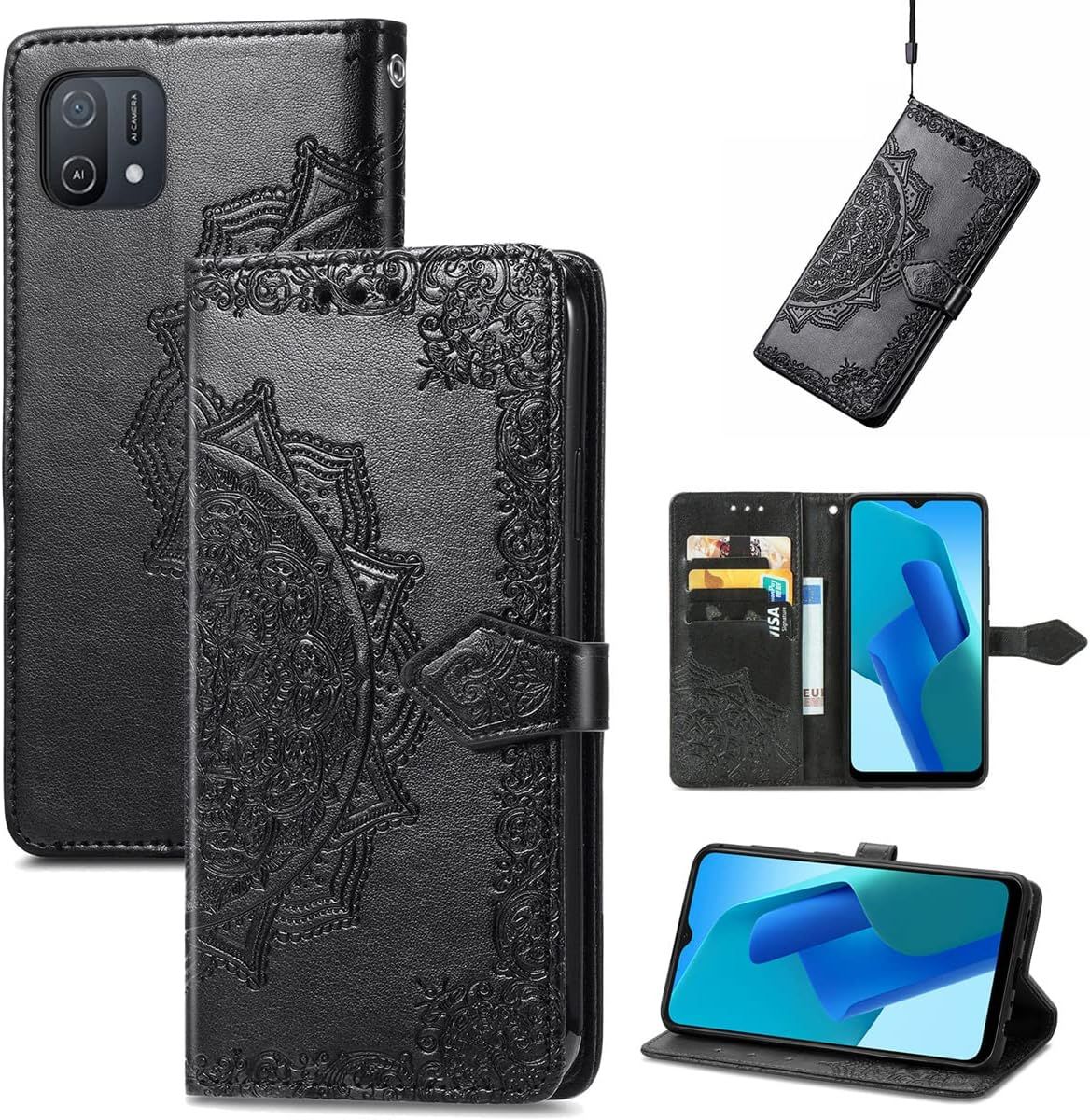 Étui Pour Oppo A16k 6 52 Pouces Pu Magnétique Pochette Cuir Housse Charmant Mandala Gaufrage Design Stent Fonction Rabattable Noir