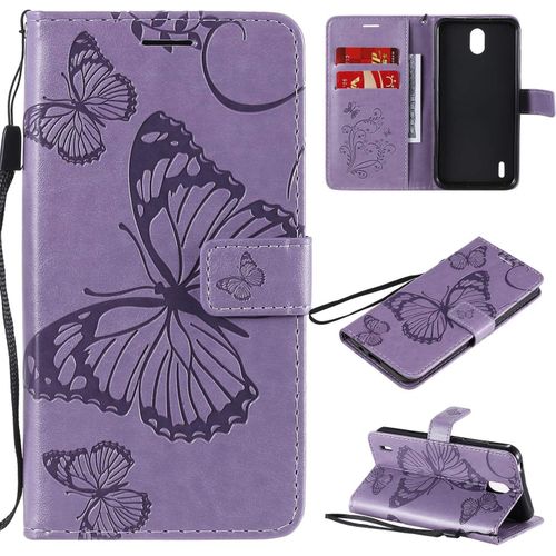 Étui Pour Nokia 1.3 5 71 Pouces Pu Cuir Couverture Magnétique Housse Conception En Relief De Papillon Stent Fonction Flip Cuir Violet