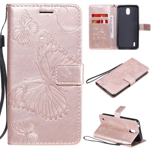 Étui Pour Nokia 1.3 5 71 Pouces Pu Cuir Couverture Magnétique Housse Conception En Relief De Papillon Stent Fonction Flip Cuir Or Rose