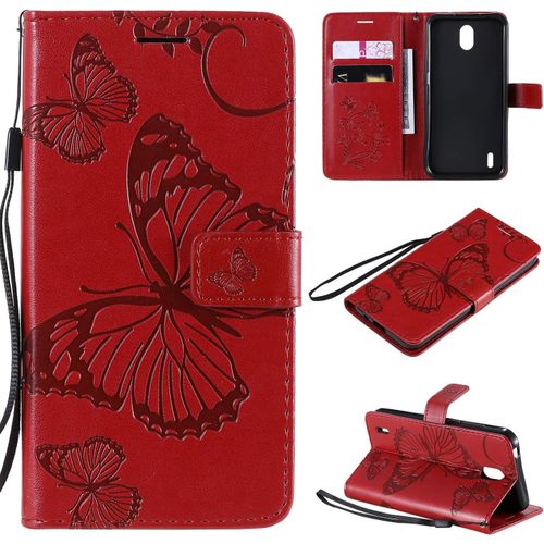 Étui Pour Nokia 1.3 5 71 Pouces Pu Cuir Couverture Magnétique Housse Conception En Relief De Papillon Stent Fonction Flip Cuir Rouge