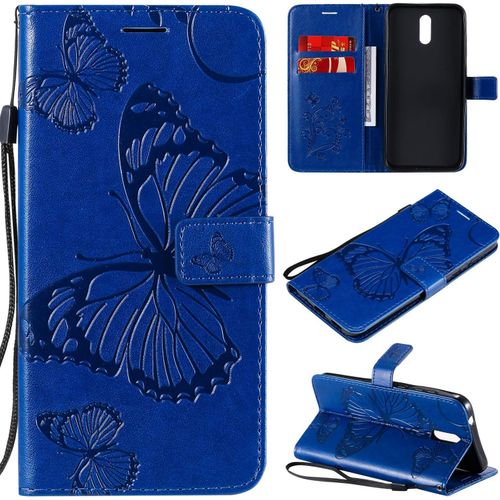 Étui Pour Nokia 2.3 6 2 Pouces Pu Cuir Couverture Magnétique Housse Conception En Relief De Papillon Stent Fonction Flip Cuir Bleu