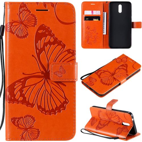 Étui Pour Nokia 2.3 6 2 Pouces Pu Cuir Couverture Magnétique Housse Conception En Relief De Papillon Stent Fonction Flip Cuir Orange