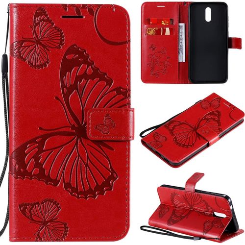 Étui Pour Nokia 2.3 6 2 Pouces Pu Cuir Couverture Magnétique Housse Conception En Relief De Papillon Stent Fonction Flip Cuir Rouge
