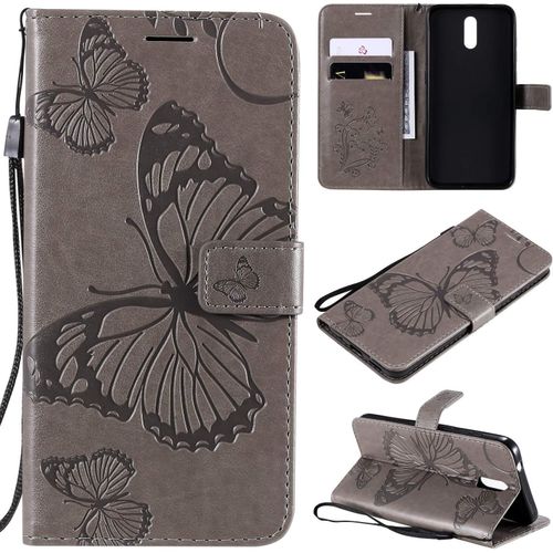 Étui Pour Nokia 2.3 6 2 Pouces Pu Cuir Couverture Magnétique Housse Conception En Relief De Papillon Stent Fonction Flip Cuir Gris