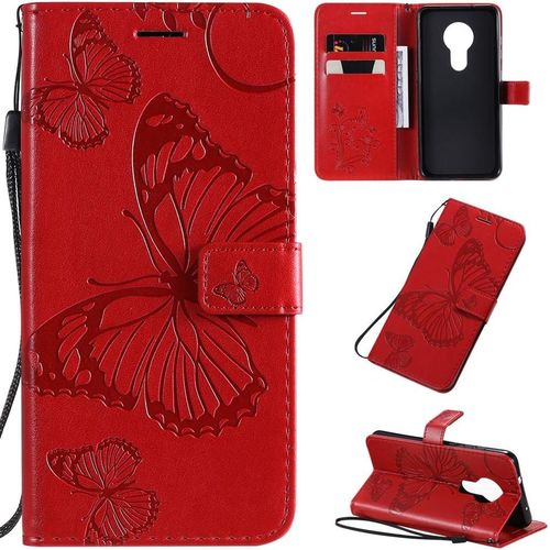 Étui Pour Nokia 6.2/Nokia 7.2 6 53 Pouces Pu Cuir Couverture Magnétique Housse Conception En Relief De Papillon Stent Fonction Flip Cuir Rouge