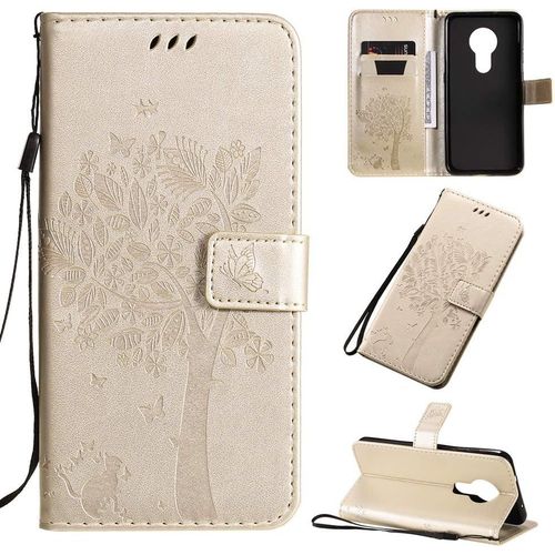 Étui Pour Nokia 6.2/Nokia 7.2 6 53 Pouces Pu Cuir Couverture Magnétique Housse Motif De Chat Et D'arbre Stent Fonction Coque Flip Or