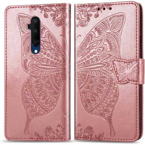 Étui Pour Oneplus 7t Pro 6 67 Pouces Pu Cuir Couverture Magnétique Portefeuille Protection Housse Papillon Gaufrage Stent Fonction Flip Cuir Or Rose