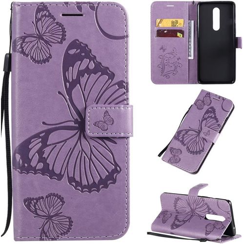 Étui Pour Oneplus 8 6 55 Pouces Pu Cuir Couverture Magnétique Housse Conception En Relief De Papillon Stent Fonction Flip Cuir Violet