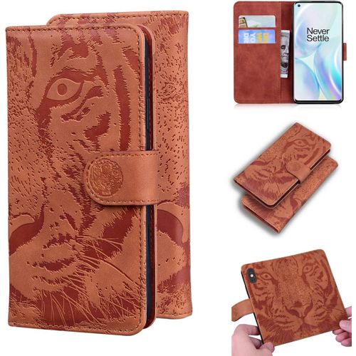 Étui Pour Oneplus 8 6 55 Pouces Pu Magnétique Pochette Cuir Housse Tigre Impression Rabattable Case Stent Fonction Marron