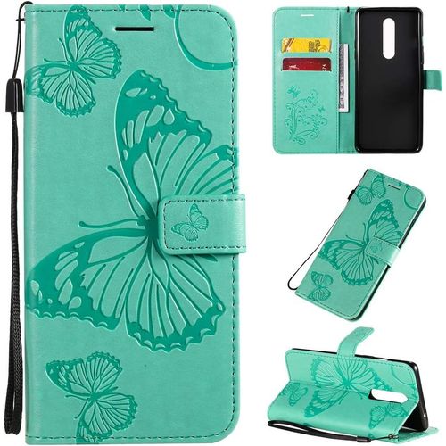Étui Pour Oneplus 8 6 55 Pouces Pu Cuir Couverture Magnétique Housse Conception En Relief De Papillon Stent Fonction Flip Cuir Vert