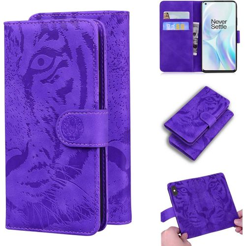 Étui Pour Oneplus 8 6 55 Pouces Pu Magnétique Pochette Cuir Housse Tigre Impression Rabattable Case Stent Fonction Purple