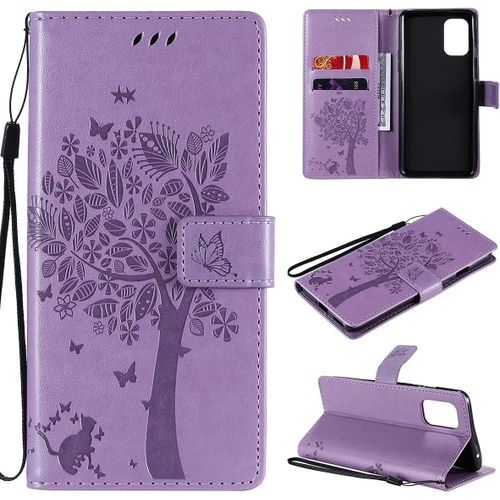 Étui Pour Oneplus 8t 6 55 Pouces Pu Cuir Couverture Magnétique Housse Motif De Chat Et D'arbre Stent Fonction Coque Flip Lavande