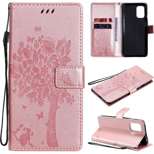 Étui Pour Oneplus 8t 6 55 Pouces Pu Cuir Couverture Magnétique Housse Motif De Chat Et D'arbre Stent Fonction Coque Flip Or Rose