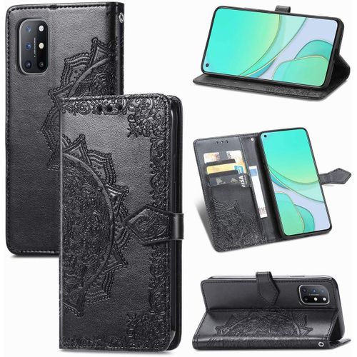 Étui Pour Oneplus 8t 6 55 Pouces Pu Magnétique Pochette Cuir Housse Charmant Mandala Gaufrage Design Stent Fonction Rabattable Noir