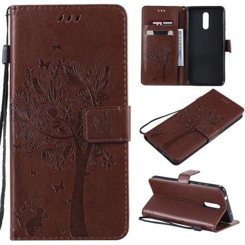 Étui Pour Nokia 3.2 6,26 Pouces Pu Cuir Couverture Magnétique Housse Motif De Chat Et D'arbre Stent Fonction Coque Flip Étui Pour Nokia 3.2 Marron