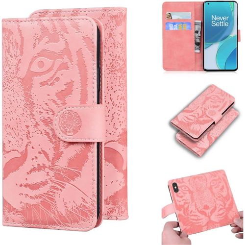 Étui Pour Oneplus 9 6 55 Pouces Pu Magnétique Pochette Cuir Housse Tigre Impression Rabattable Case Stent Fonction Rose