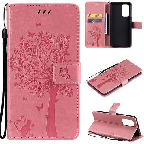 Étui Pour Oneplus 9 6,55 Pouces Pu Cuir Couverture Magnétique Housse Motif De Chat Et D'arbre Stent Fonction Coque Flip Rose Carmin