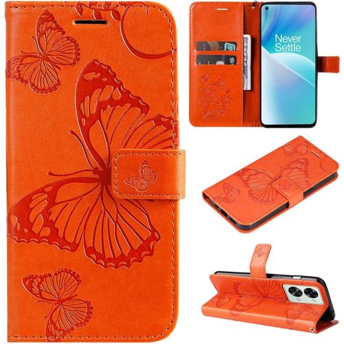 Étui Pour Oneplus Nord 2t 6 43 Pouces Pu Cuir Couverture Magnétique Housse Conception En Relief De Papillon Stent Fonction Flip Cuir Orange