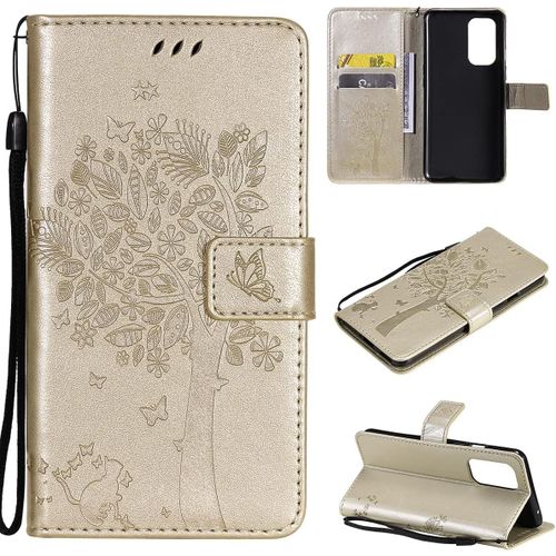 Étui Pour Oneplus 9 6,55 Pouces Pu Cuir Couverture Magnétique Housse Motif De Chat Et D'arbre Stent Fonction Coque Flip Or