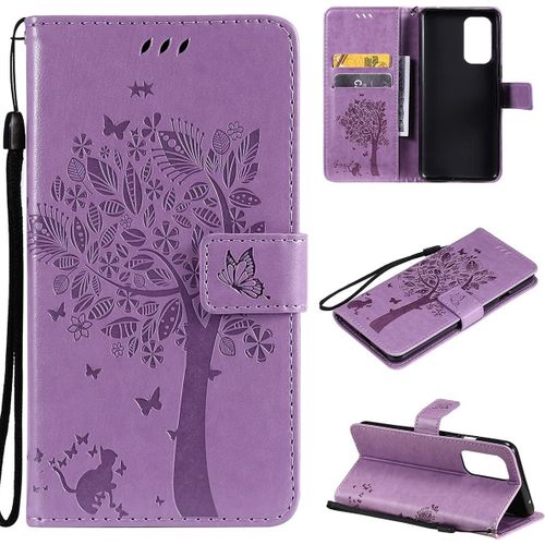 Étui Pour Oneplus 9 6,55 Pouces Pu Cuir Couverture Magnétique Housse Motif De Chat Et D'arbre Stent Fonction Coque Flip Lavande
