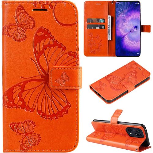 Étui Pour Oppo Find X5 Pro 6 7 Pouces Pu Cuir Couverture Magnétique Housse Conception En Relief De Papillon Stent Fonction Flip Cuir Orange