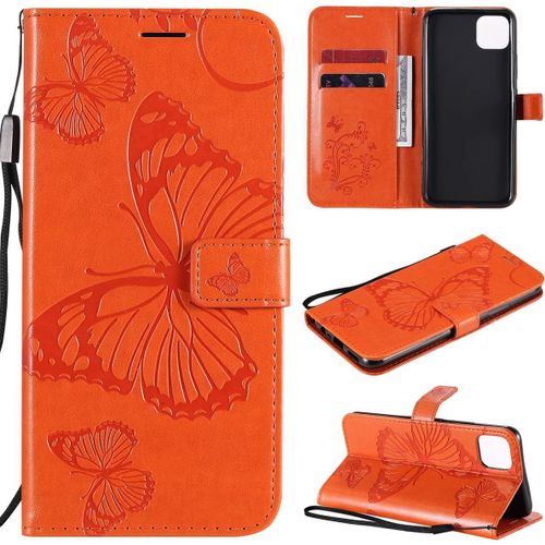 Étui Pour Realme C11 6 5 Pouces Pu Cuir Couverture Magnétique Housse Conception En Relief De Papillon Stent Fonction Flip Cuir Orange