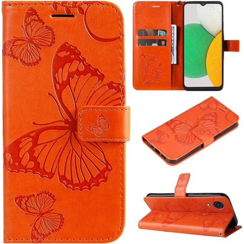 Étui Pour Samsung Galaxy A03 Core/Sm A032 6 5 Pouces Pu Cuir Couverture Magnétique Housse Conception En Relief De Papillon Stent Fonction Flip Cuir Orange