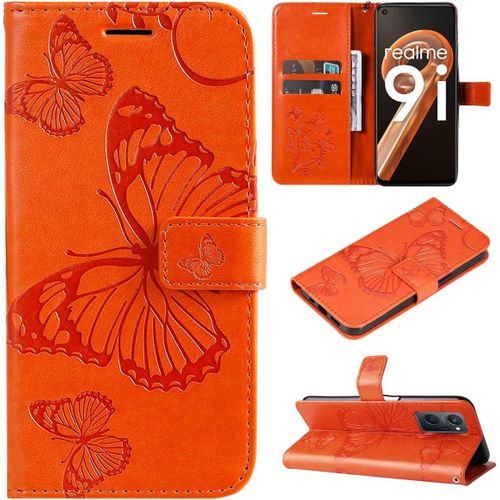 Étui Pour Realme 9i/Oppo A36/A76 6 6 Pouces Pu Cuir Couverture Magnétique Housse Conception En Relief De Papillon Stent Fonction Flip Cuir Orange