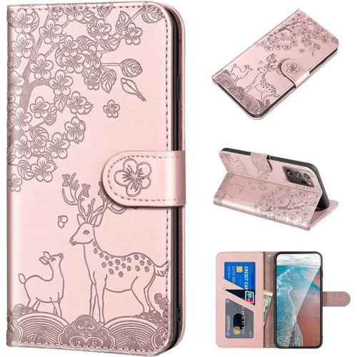 Étui Pour Samsung Galaxy Note20 Ultra/Sm N985 6 9 Pouces Pu Cuir Couverture Magnétique Portefeuille Protection Housse Stent Fonction Flip Cuir Cerf Sika Motif Or Rose