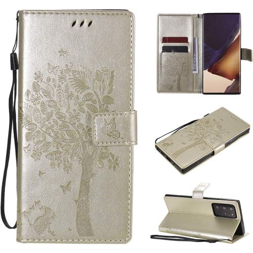 Étui Pour Samsung Galaxy Note20 Ultra/Sm N985 6 9 Pouces Pu Cuir Couverture Magnétique Housse Motif De Chat Et D'arbre Stent Fonction Coque Flip Or