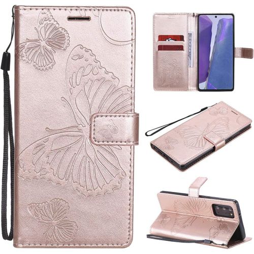 Étui Pour Samsung Galaxy Note20/Sm N980 6 7 Pouces Pu Cuir Couverture Magnétique Housse Conception En Relief De Papillon Stent Fonction Flip Cuir Or Rose