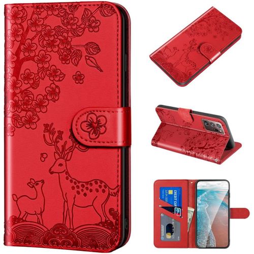Étui Pour Samsung Galaxy Note20 Ultra/Sm N985 6 9 Pouces Pu Cuir Couverture Magnétique Portefeuille Protection Housse Stent Fonction Flip Cuir Cerf Sika Motif Rouge