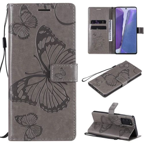 Étui Pour Samsung Galaxy Note20/Sm N980 6 7 Pouces Pu Cuir Couverture Magnétique Housse Conception En Relief De Papillon Stent Fonction Flip Cuir Gris