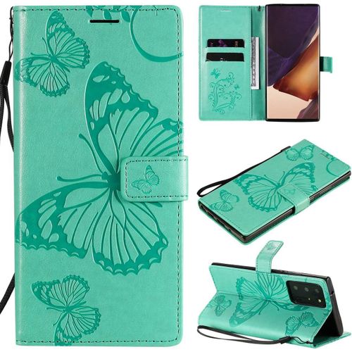 Étui Pour Samsung Galaxy Note20 Ultra/Sm-N985 6,9 Pouces Pu Cuir Couverture Magnétique Housse Conception En Relief De Papillon Stent Fonction Flip Cuir Vert