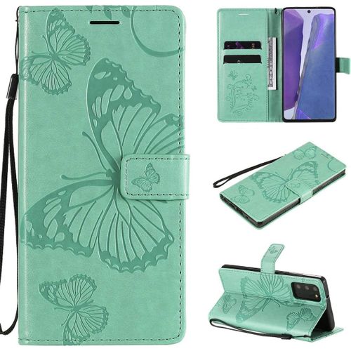 Étui Pour Samsung Galaxy Note20/Sm N980 6 7 Pouces Pu Cuir Couverture Magnétique Housse Conception En Relief De Papillon Stent Fonction Flip Cuir Vert