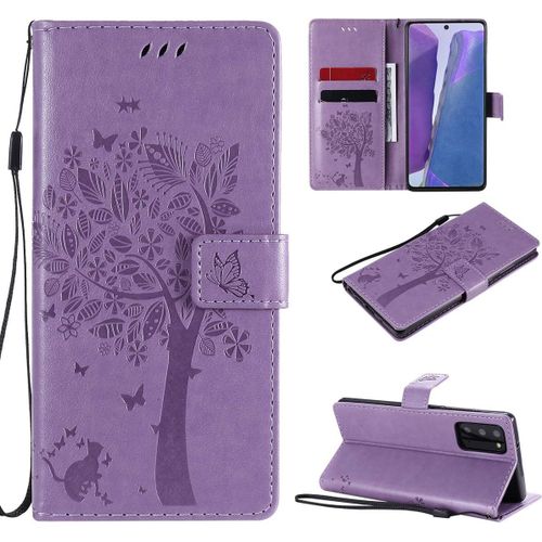 Étui Pour Samsung Galaxy Note20/Sm N980 6 7 Pouces Pu Cuir Couverture Magnétique Housse Motif De Chat Et D'arbre Stent Fonction Coque Flip Lavande