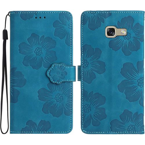 Étui Pour Samsung Galaxy A3 2017 / Sm-A320 4,7 Pouces Pu Cuir Couverture Magnétique Portefeuille Protection Housse Stent Fonction Flip Cuir Gaufrage Grandes Fleurs Bleu