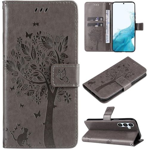 Étui Pour Samsung Galaxy A54 / Sm-A546 6,6 Pouces Pu Cuir Couverture Magnétique Housse Motif De Chat Et D'arbre Stent Fonction Coque Flip Gris