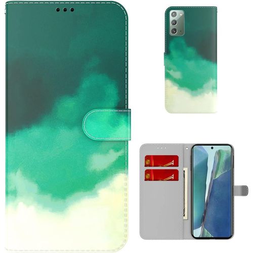 Étui Pour Samsung Galaxy Note20 4g/5g N980 6 7 Pouces Pu Magnétique Pochette Cuir Housse Aquarelle Impression Rabattable Case Stent Fonction Cover Vert