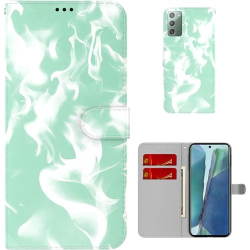 Étui Pour Samsung Galaxy Note20 4g/5g N980 6 7 Pouces Pu Magnétique Pochette Cuir Housse Motif De Nuages Rabattable Case Stent Fonction Cover Vert Clair