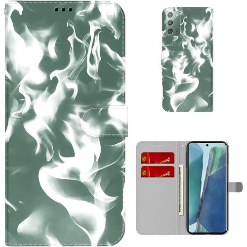 Étui Pour Samsung Galaxy Note20 4g/5g N980 6 7 Pouces Pu Magnétique Pochette Cuir Housse Motif De Nuages Rabattable Case Stent Fonction Cover Vert Foncé