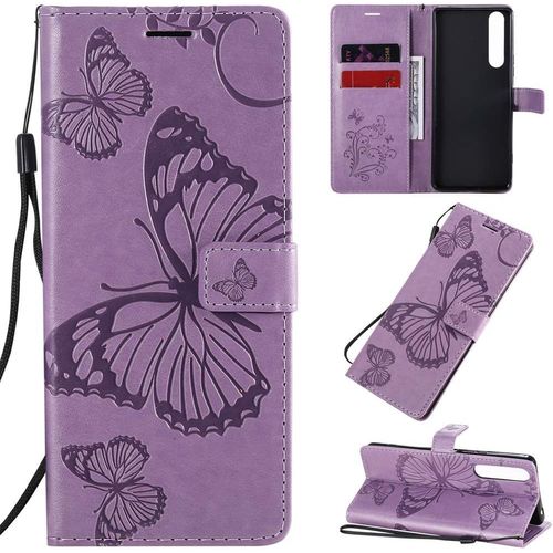 Étui Pour Sony Xperia 1 Ii 6 5 Pouces Pu Cuir Couverture Magnétique Housse Conception En Relief De Papillon Stent Fonction Flip Cuir Violet