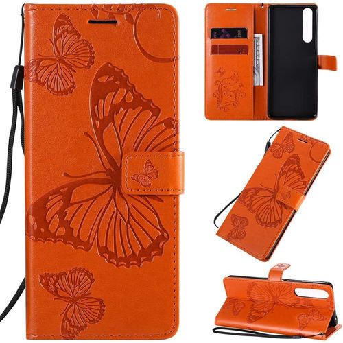 Étui Pour Sony Xperia 1 Ii 6 5 Pouces Pu Cuir Couverture Magnétique Housse Conception En Relief De Papillon Stent Fonction Flip Cuir Orange