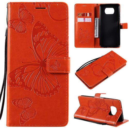 Étui Pour Xiaomi Poco X3 Nfc 6,67 Pouces Pu Cuir Couverture Magnétique Housse Conception En Relief De Papillon Stent Fonction Flip Cuir Orange